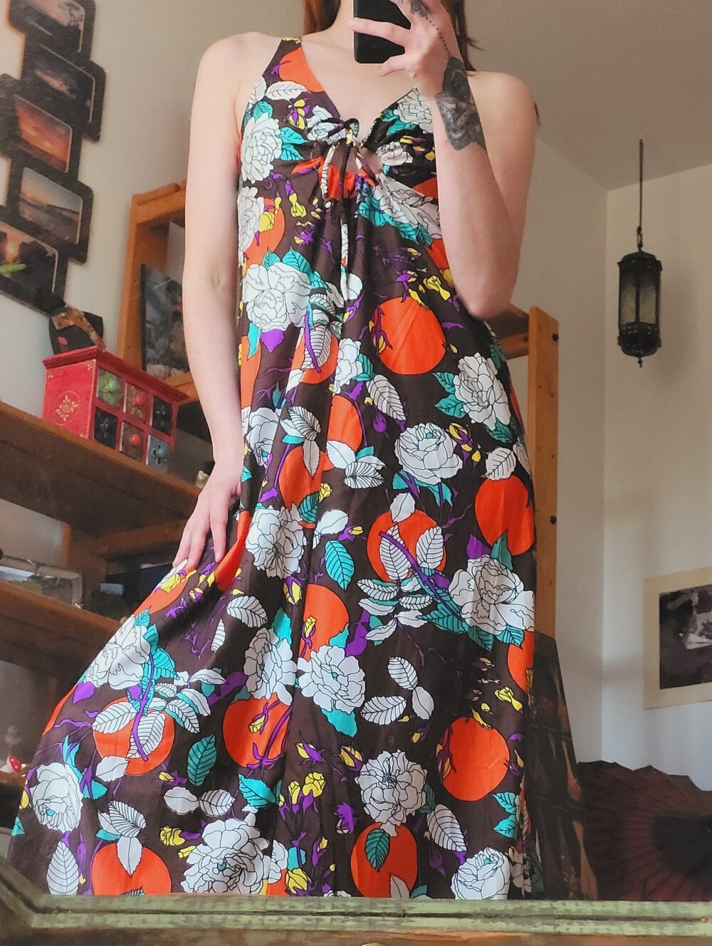 Vintage 70s Georgie Girl Sleeveless Floral Tie-front Maxi Dress Orange Teal - S